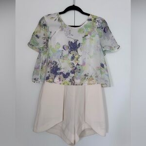 BCBGeneration Floral Overlay Romper - Cream and Multicolor